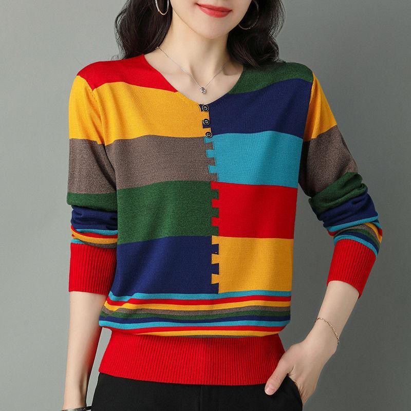 Women Casual V Neck Long Sleeve T-Shirts Autumn Fashion Patchwork Elegant Female Clothing Free Shipping Loose Knitting Tops 2022 alx