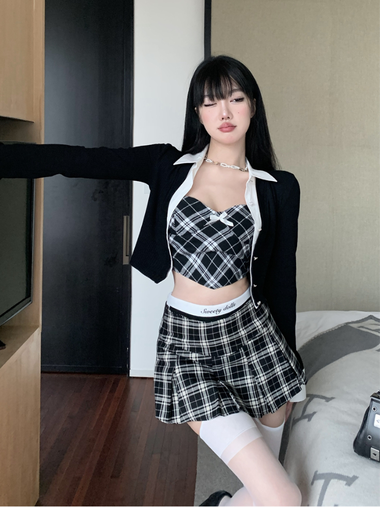 Winter Vintage 3 Piece Skirt Set Women Short Sexy Plaid Y2K Mini Skirt Set Female Korean Fashion Casual Gothic Desiger Set 2022 alx