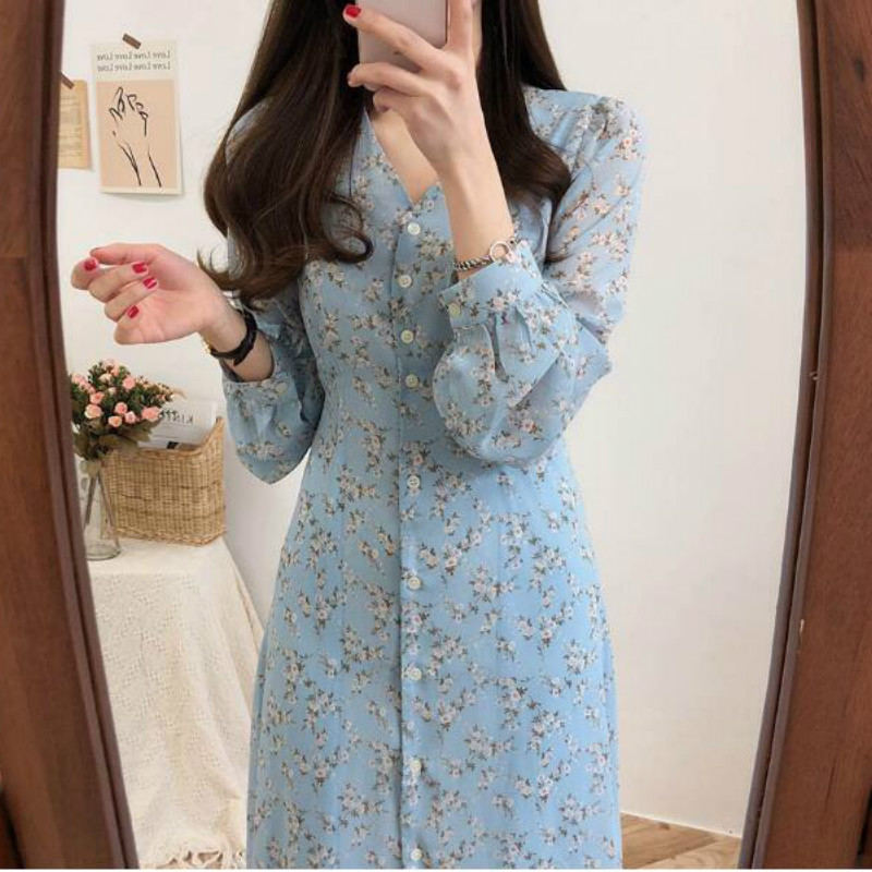 2022 New Elegant V Neck Full Sleeve Dress Women Floral Print Sweet Chiffon Dresses Single Breasted Casual Fashion Vestido alx