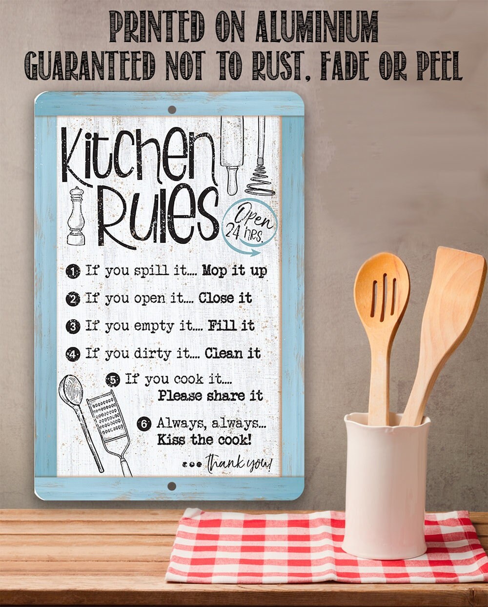 Kitchen Rules, Open 24 Hrs. – 8″ x 12″ or 12″ x 18″ Aluminum Tin Awesome Metal Poster