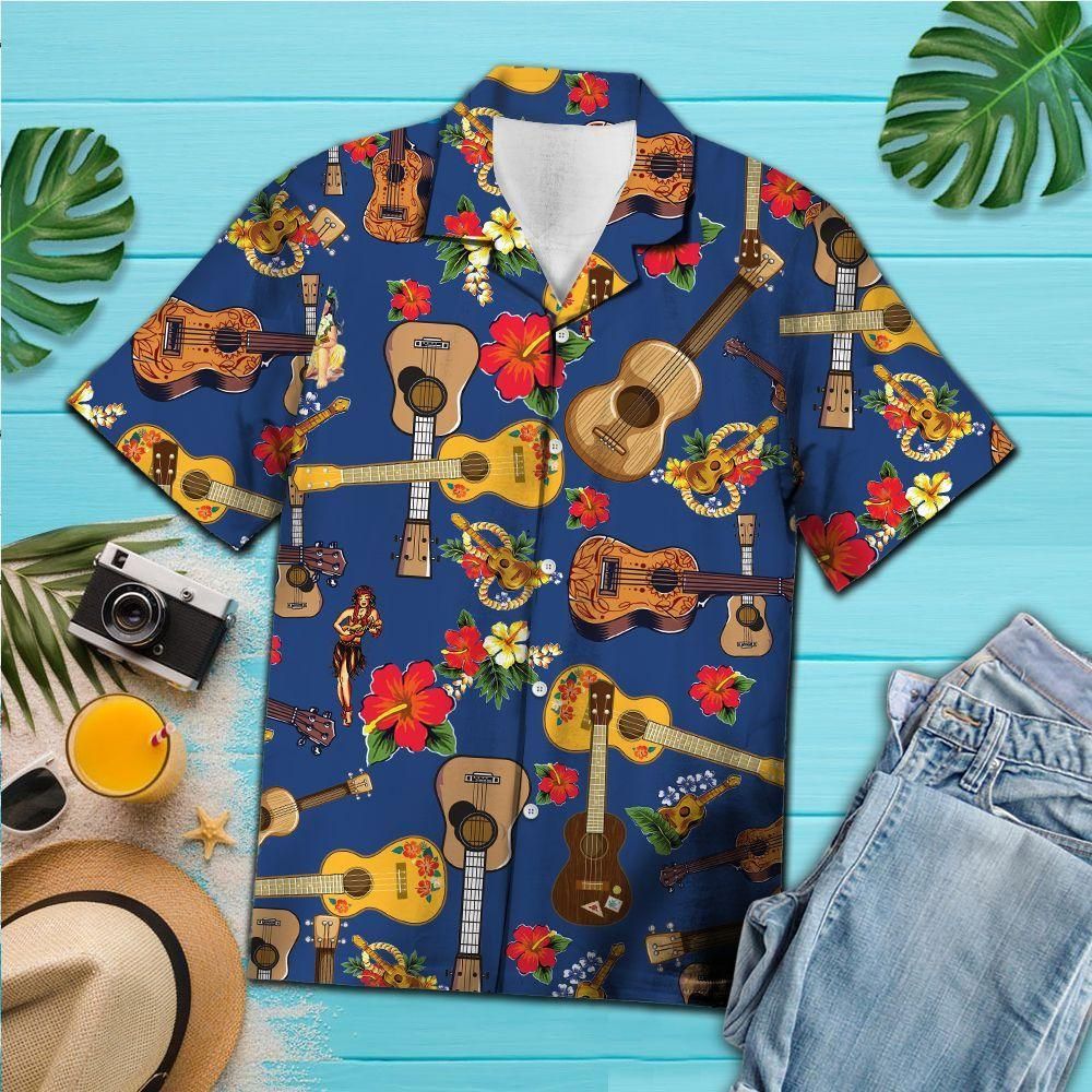 Ukulele Hibiscus Aloha Hawaiian Shirt Colorful Short Sleeve Summer Beach Casual Shirt For Men And Women