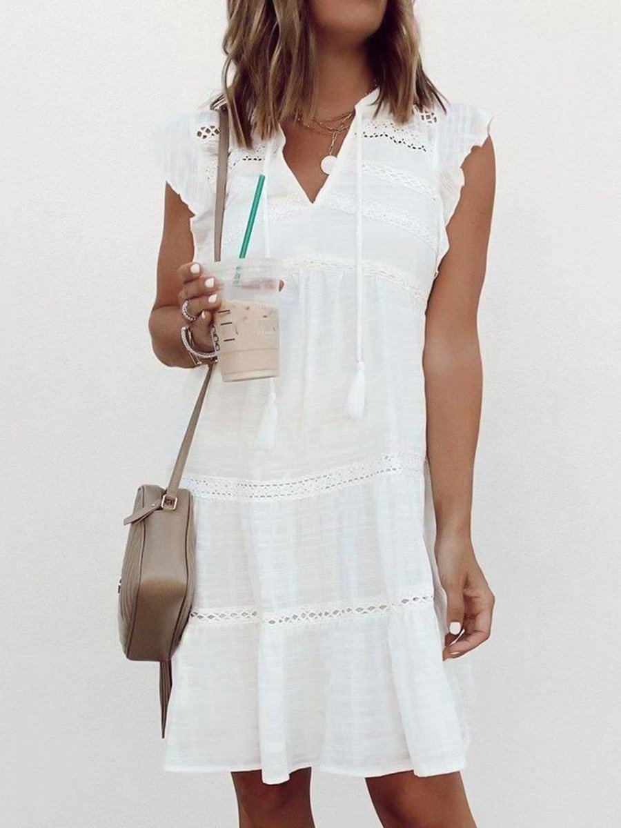 V-Neck Tie Loose Casual White Dress