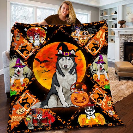 Husky Witch With Jack O Lantern Pumpkin Bats Full Moon Halloween Blanket