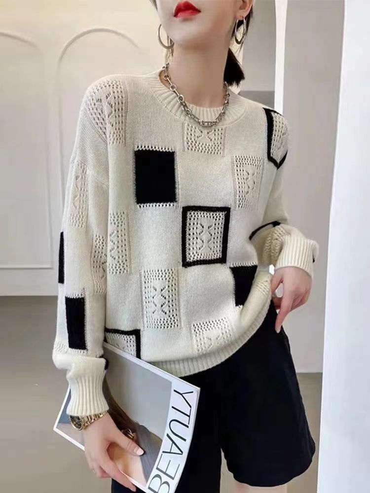 Autumn And Winter New Womens Knitted Sweater New Color Contrast Round Neck Long Sleeve Fashion Casual Loose Hollow Sweater Women alx