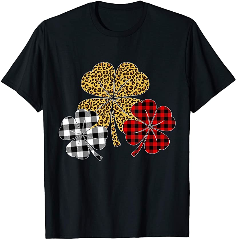 St Patricks Day Three Clovers Plaid Leopard Shamrock Funny T-Shirt