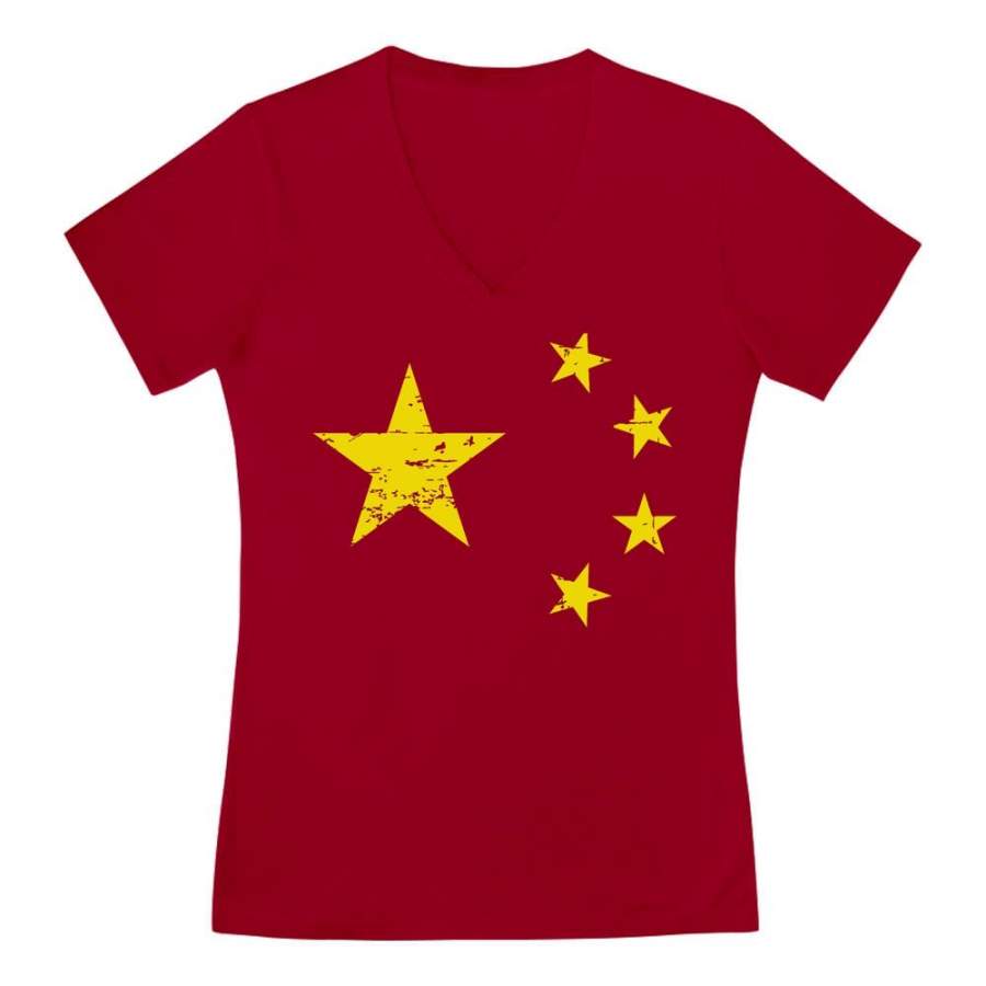 Vintage China Flag V-Neck Fitted Women T-Shirt