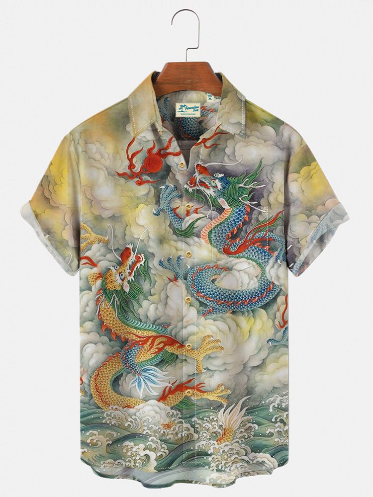 Retro Casual Summer Hawaii Shirts Chinese Dragon Art Tops Ha87600