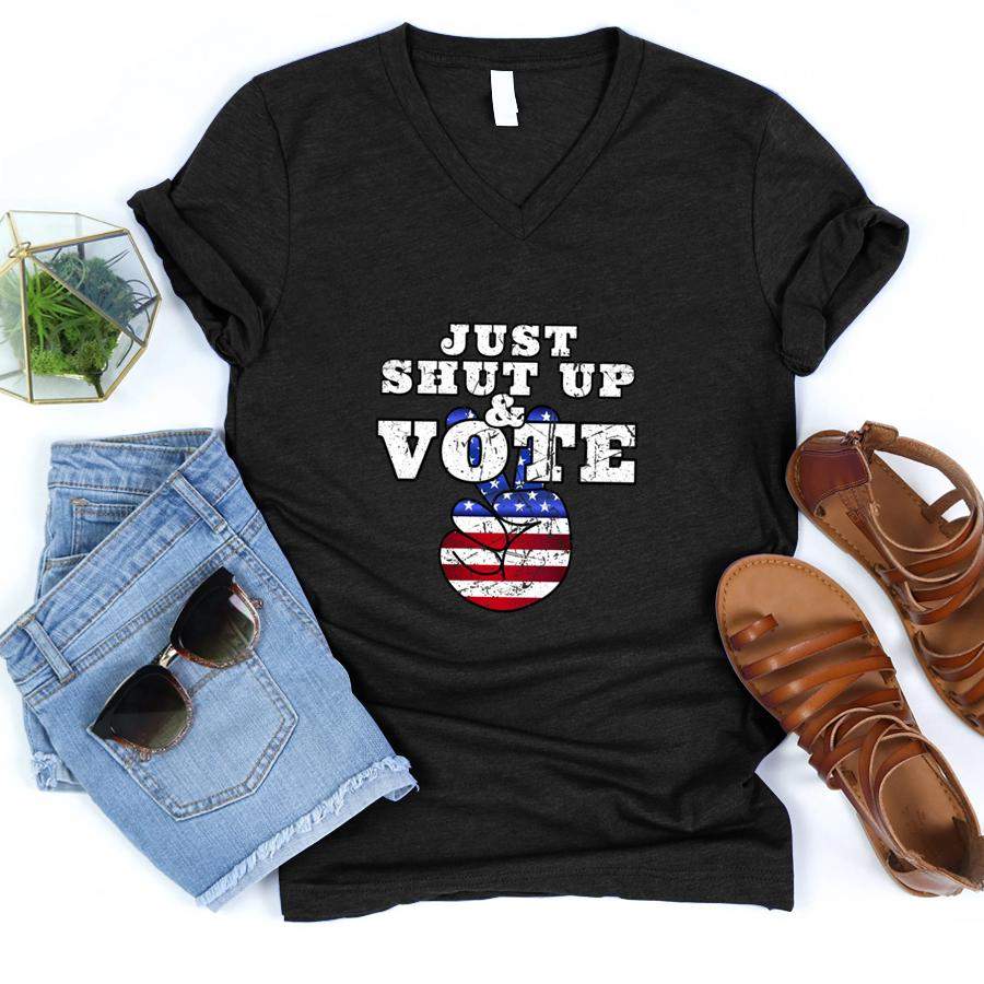 JUST SHUT UP & VOTE Distressed Peace Democratic Republican Long Sleeve  V-Neck