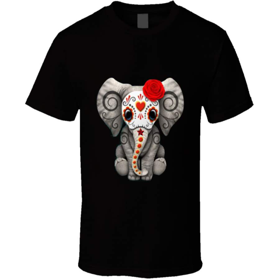 Red Day Of The Dead Sugar Skull Baby Elephant T Shirt