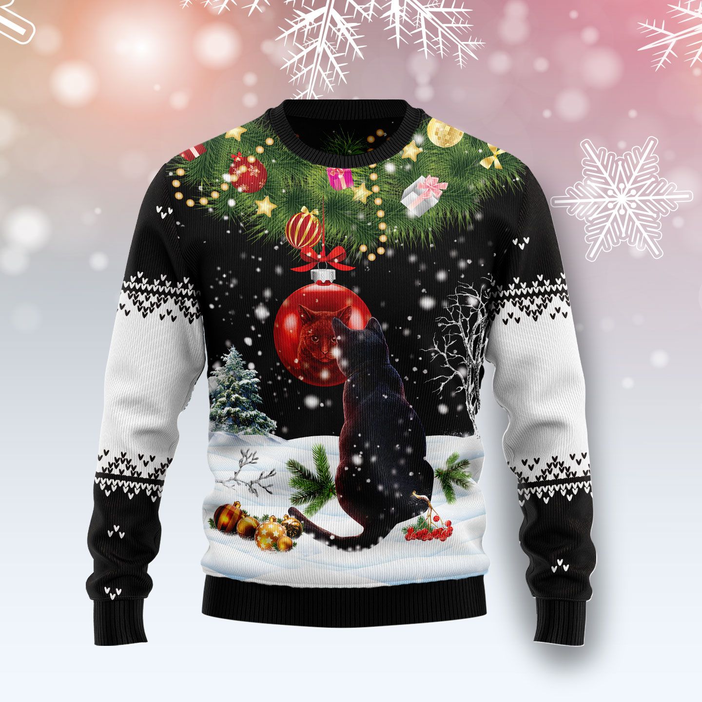 Black Cat Mirror Ugly Christmas Sweater | For Men & Women | Adult | Us5069