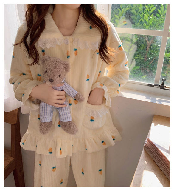 Yasuk Autumn Winter Fashion Women’s Casual Lovely Print Carrot Warm Soft Sleepwear Loose Pajamas With Pants Flannel Pullover alx