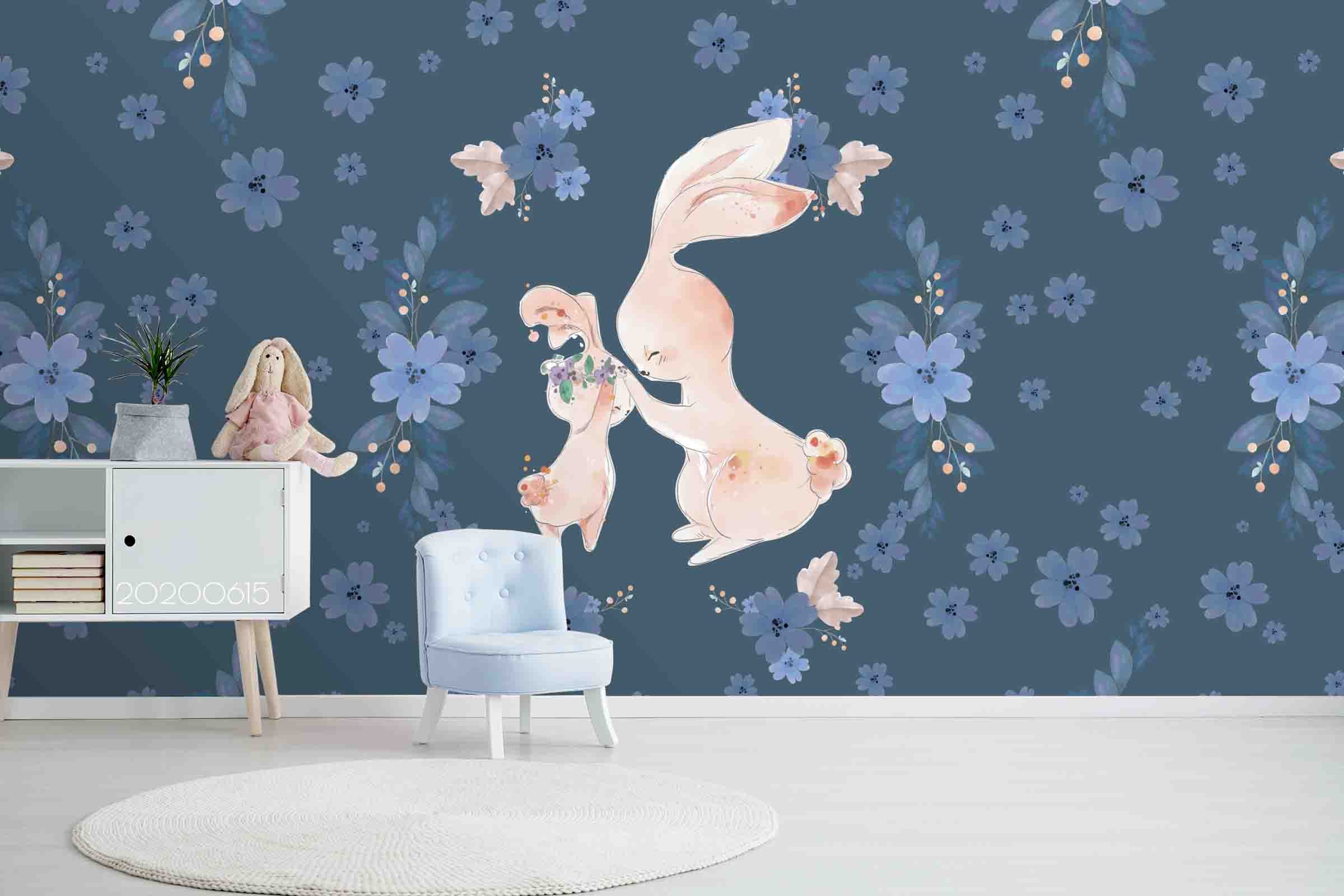 3D Cartoon Pink Rabbit Blue Floral Wall Mural Wallpaper Lxl 3