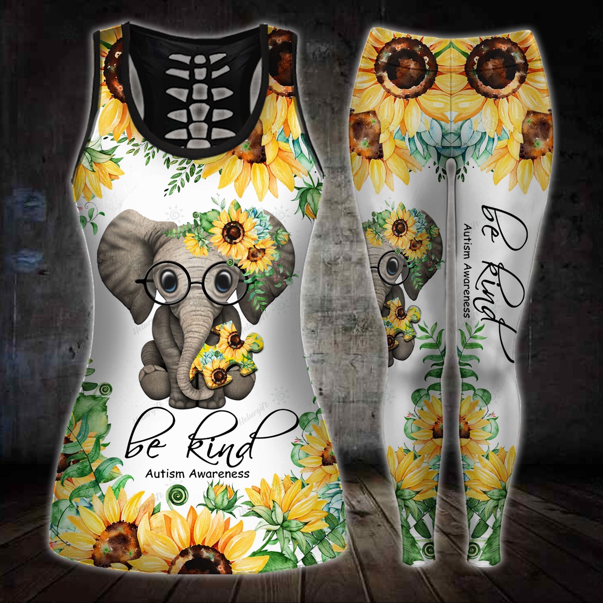 Sunflower Elephant Autism Awareness 3D All Over Printed Hoodie Set Tanktop Legging Set  Outfit