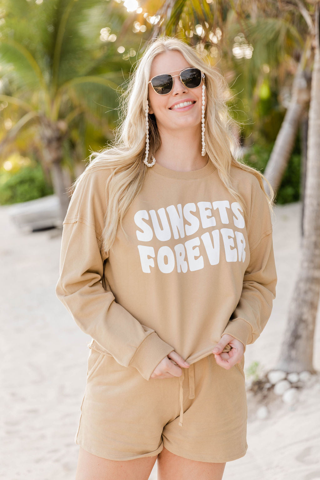 Sunsets Forever Tan Cropped Graphic Sweatshirt