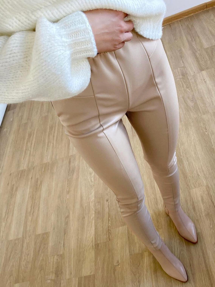 Winter Women’s Leather Pants Black Slim Zipper Classic Leather Trousers Pencil Beige Tight Pu Faux Leather Pants for Women 2022 alx