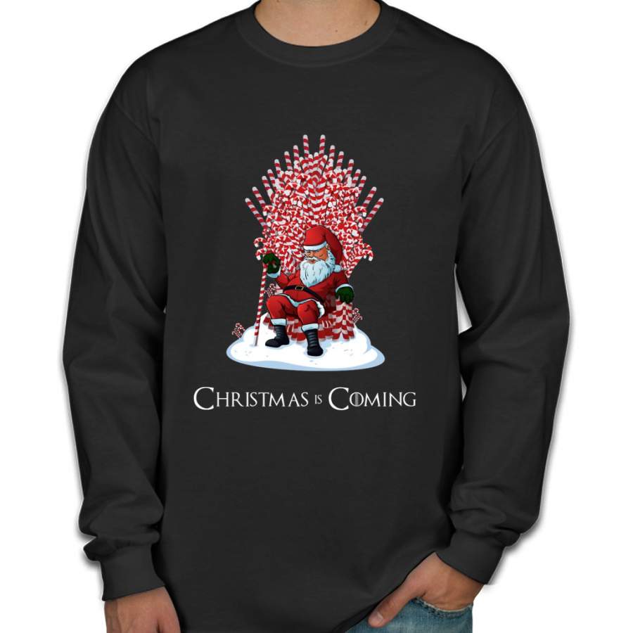 Christmas Is Coming Santa Candy Cane Throne T-Shirt Men Long Sleeve Shirt