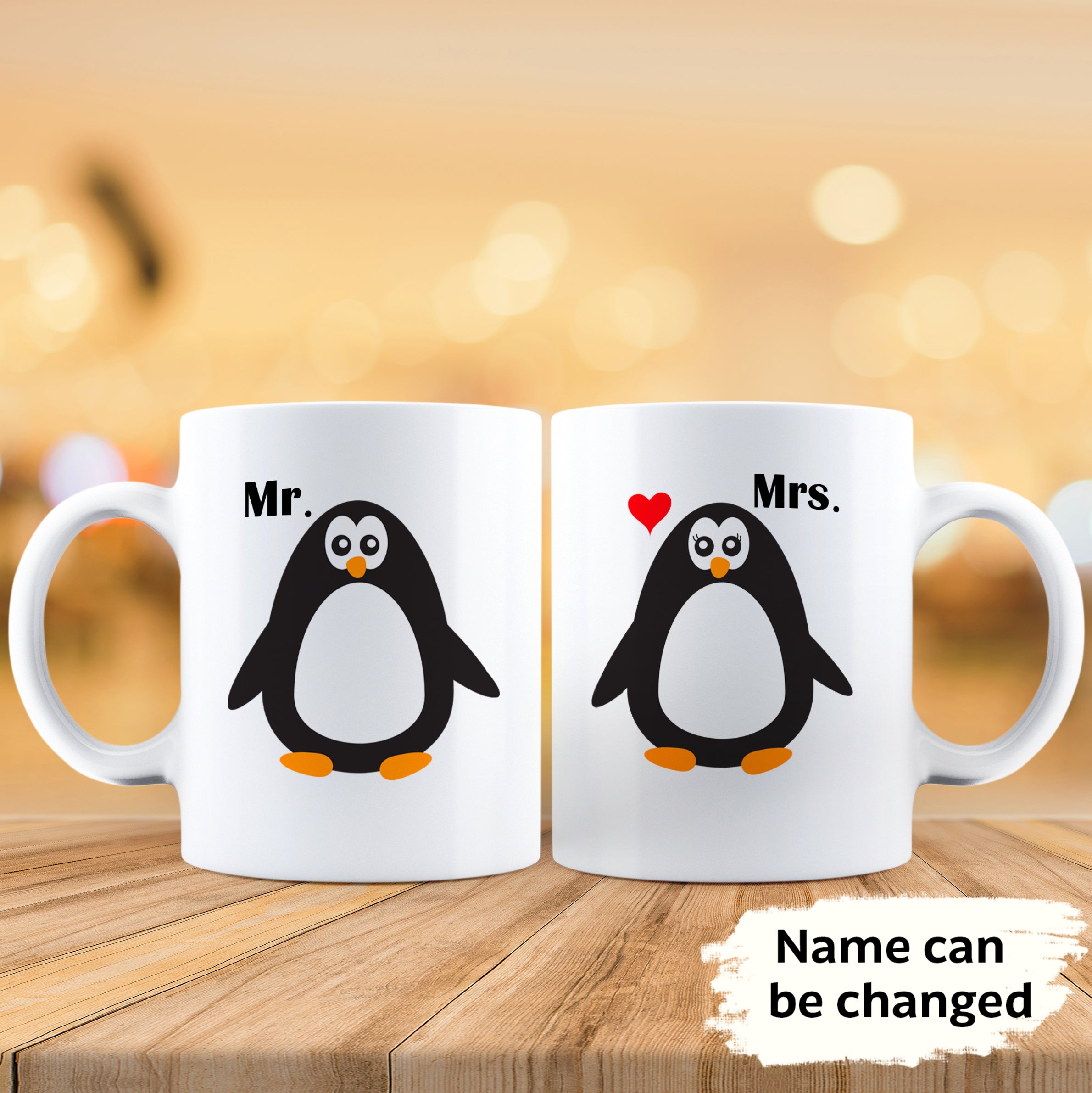 Personalized Mr. & Mrs. Penguin Custom Name Love Coffee Mug Set For Couple