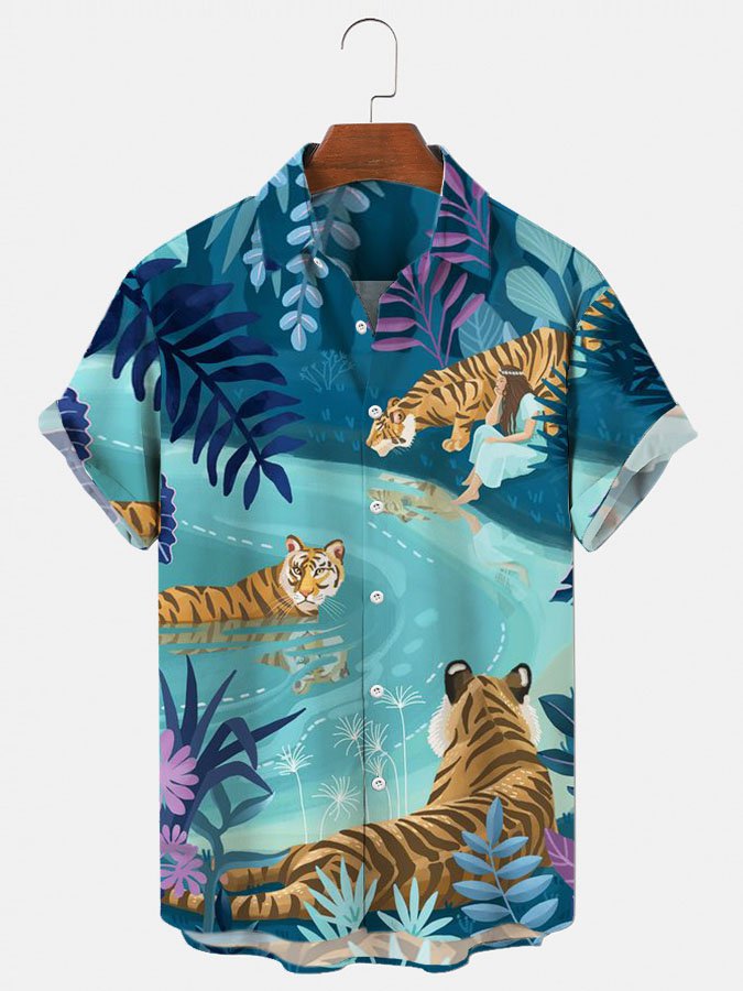 Mens Hawaii Shirt Green Tiger Natural Landscape Holiday Series Shirts Tops Ha43434