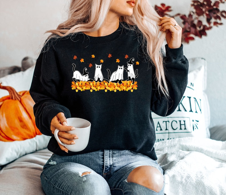 Ghost Cat Halloween Crewneck Sweatshirt All Over Print Sweatshirt For Women Sweatshirt For Men Sws1019