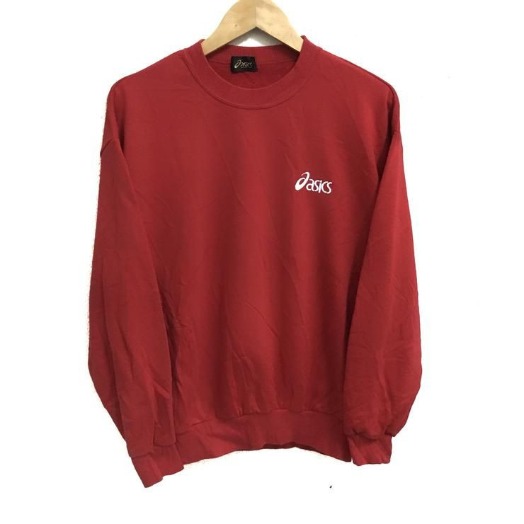 Rare Sport Asics Petit Logo Broderie Couleur Rouge Collier Ras Du Cou Pulls Pull Pull Petite Taille Shirt