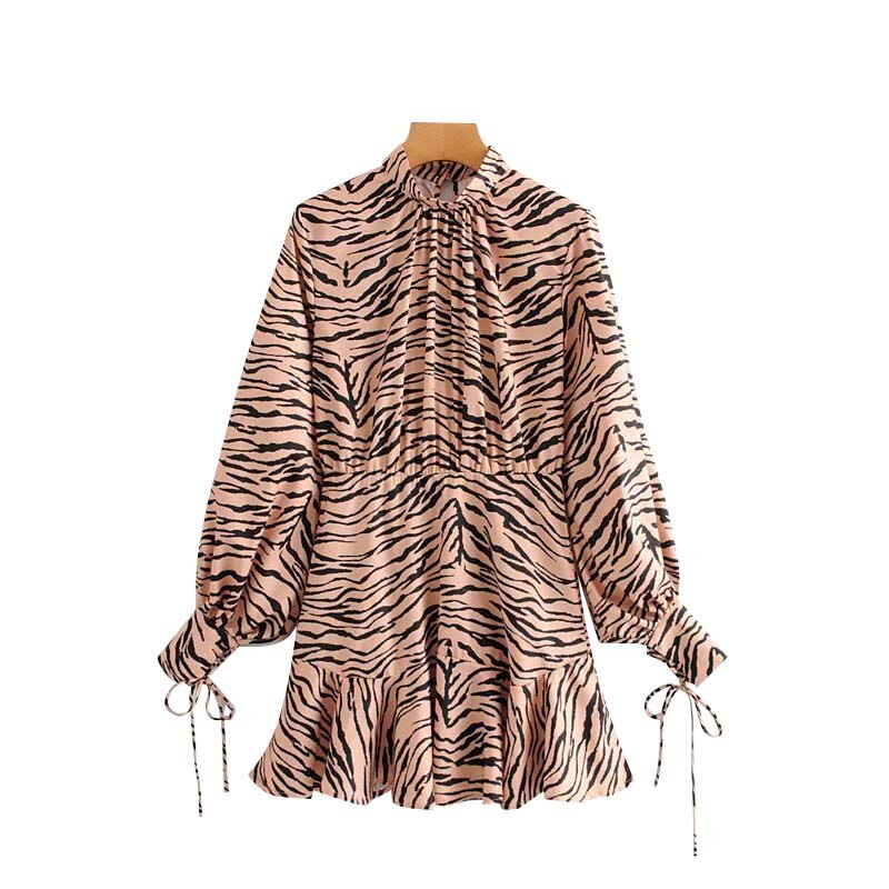 Vintage Chic Zebra Print Ruffles Mini Dress Women  Fashion Stand Collar Long Sleeve Back Zipper