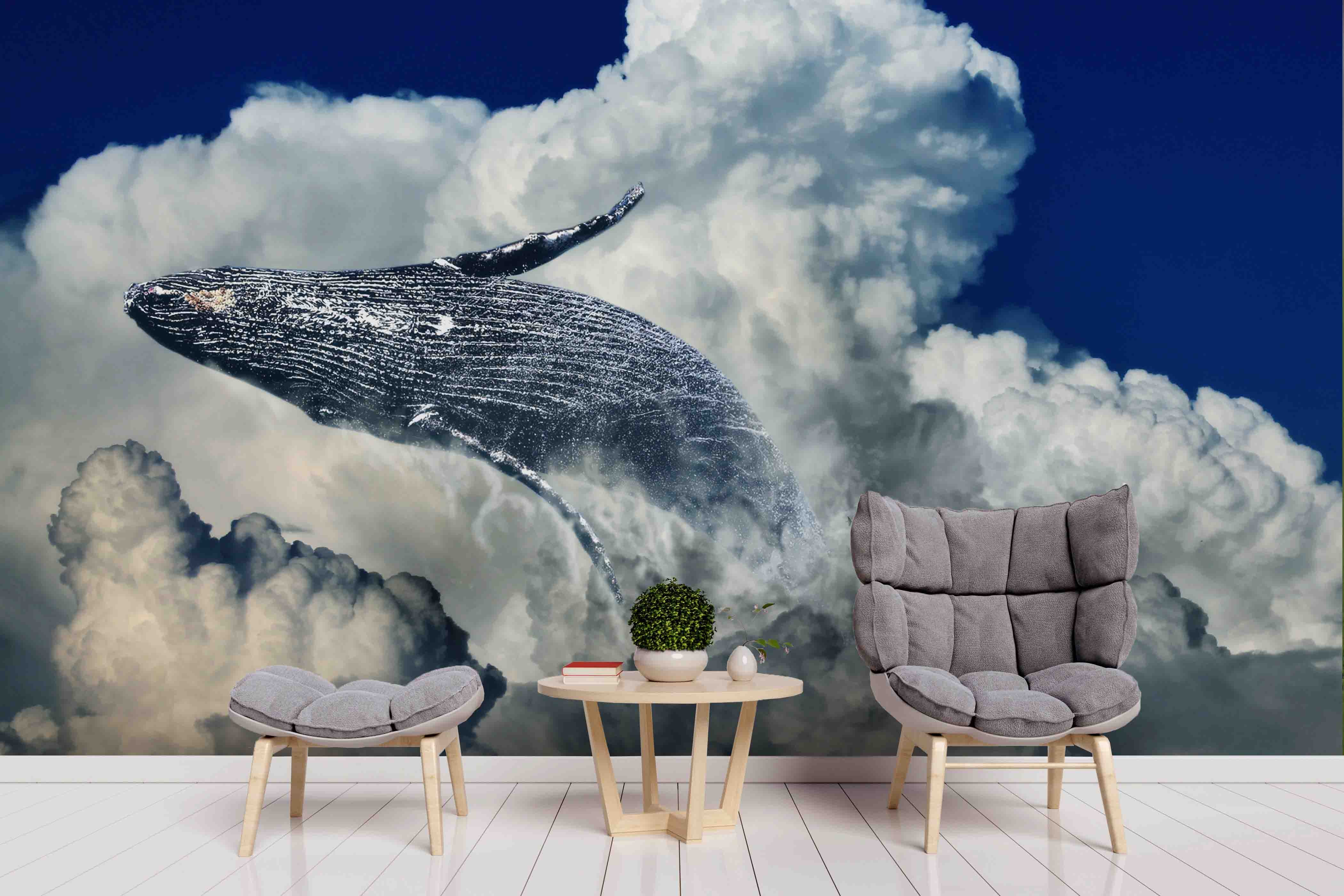 3D Whale Clouds Wall Mural Wallpaper Sf99