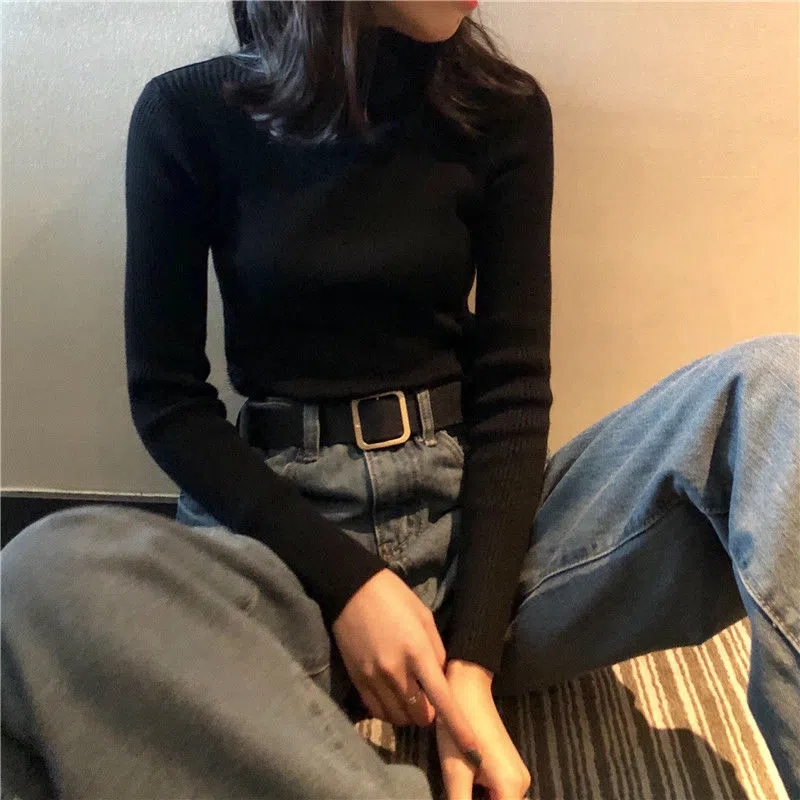 Turtleneck Sweater Women’s Slim Pullover Top Black Knit Sweater Basic Knitwear Solid Color Jumper Sweater Autumn and Winter alx