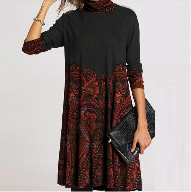 2021 Winter Turtleneck Warm Vintage Print Dress Women Autumn Elegant Long Sleeves Patchwork Dresses Female Casual Loose Vestidos alx