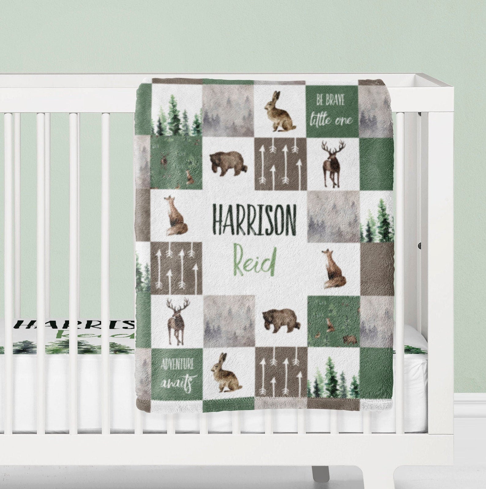 Woodland Bear Baby Blanket / Forest Animals Baby Bedding / Be Brave Little One / Newborn Baby Blanket / Pine Tree Personalized Blanket