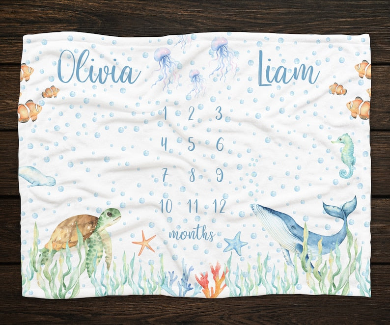 Ocean Blanket Personalized Whale Turtle Fish Month Blanket Under The Sea Blanket For  Baby Shower Gift