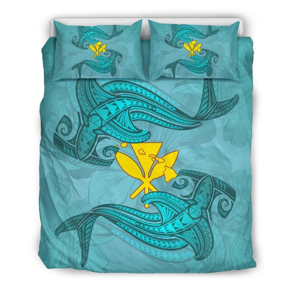 Alohawaii Bedding Set – Cover And Pillow Cases Hawaiian Map Kanaka Hammerhead Shark Polynesian Blue – Ah – J7