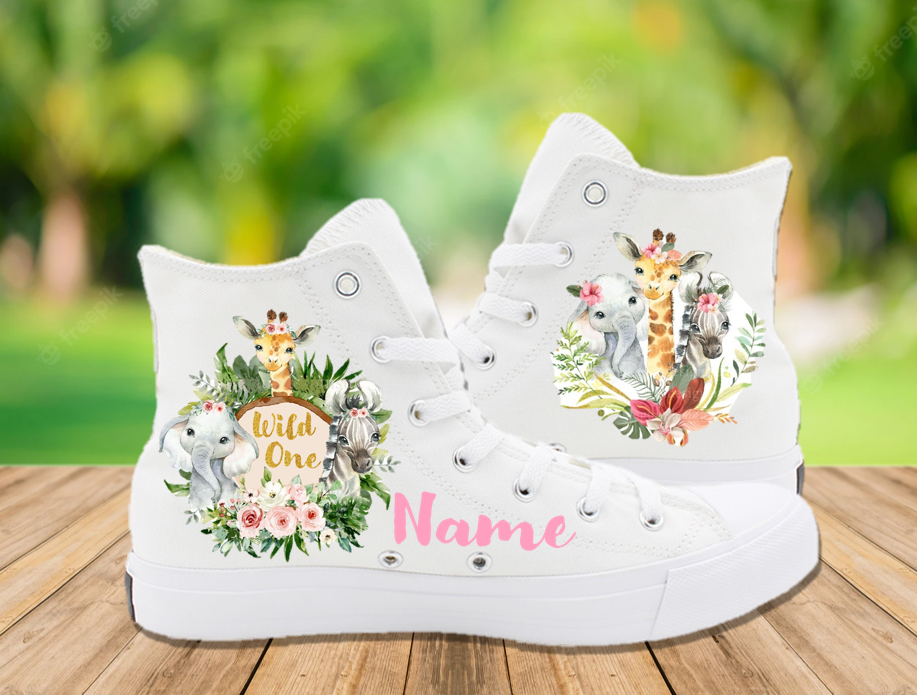 Wild One Safari Animals Birthday Party Personalized High Tops Sneaker Shoes – Wild0010