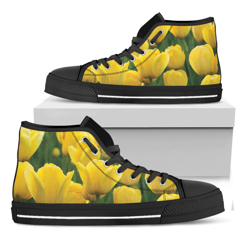 Yellow Tulip Print Black High Top Shoes