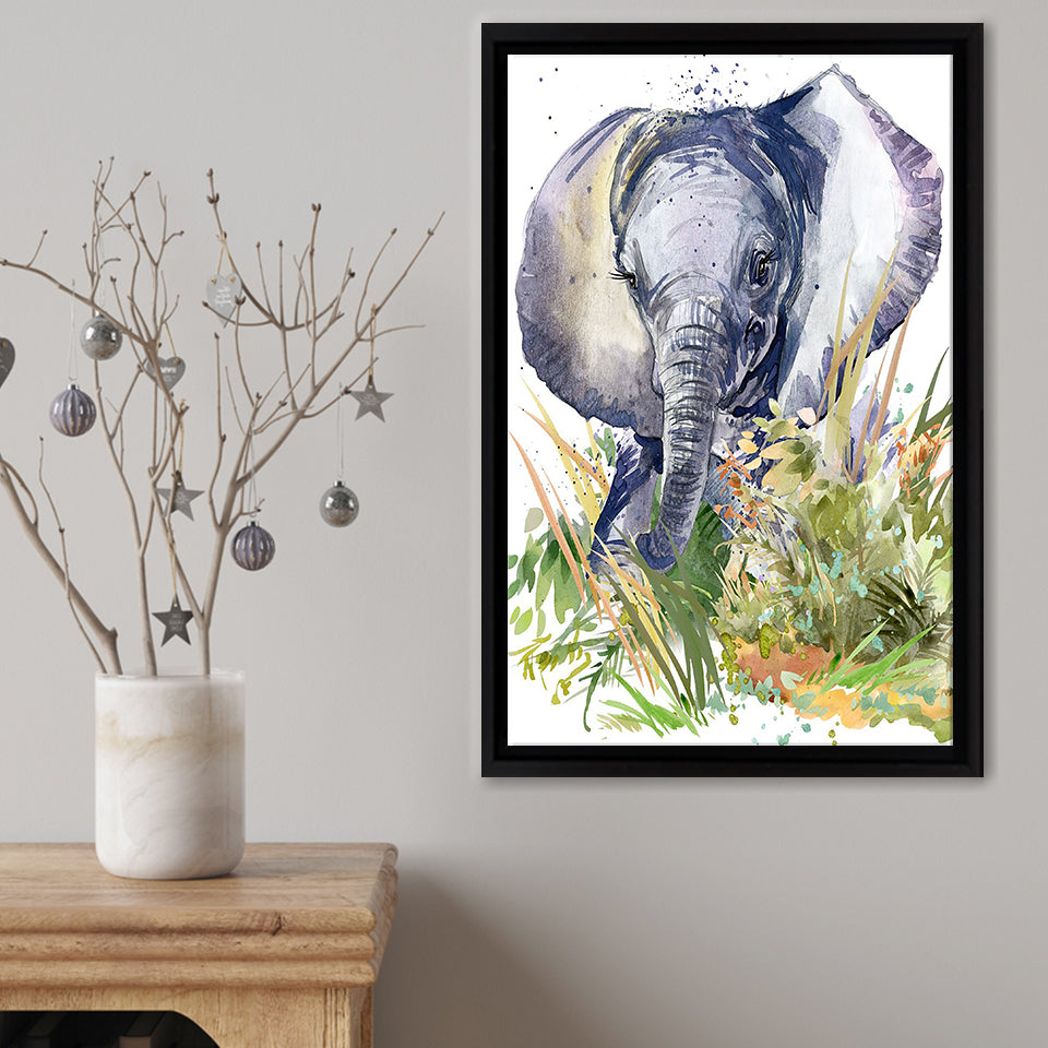 Baby Elephant Watercolour Framed Canvas Print – Canvas Painting, Canvas Art, Wall Art, Wall Decor