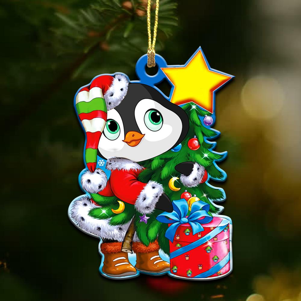 Penguin Holding Christmas Pine Tree – 2 Sided Ornament