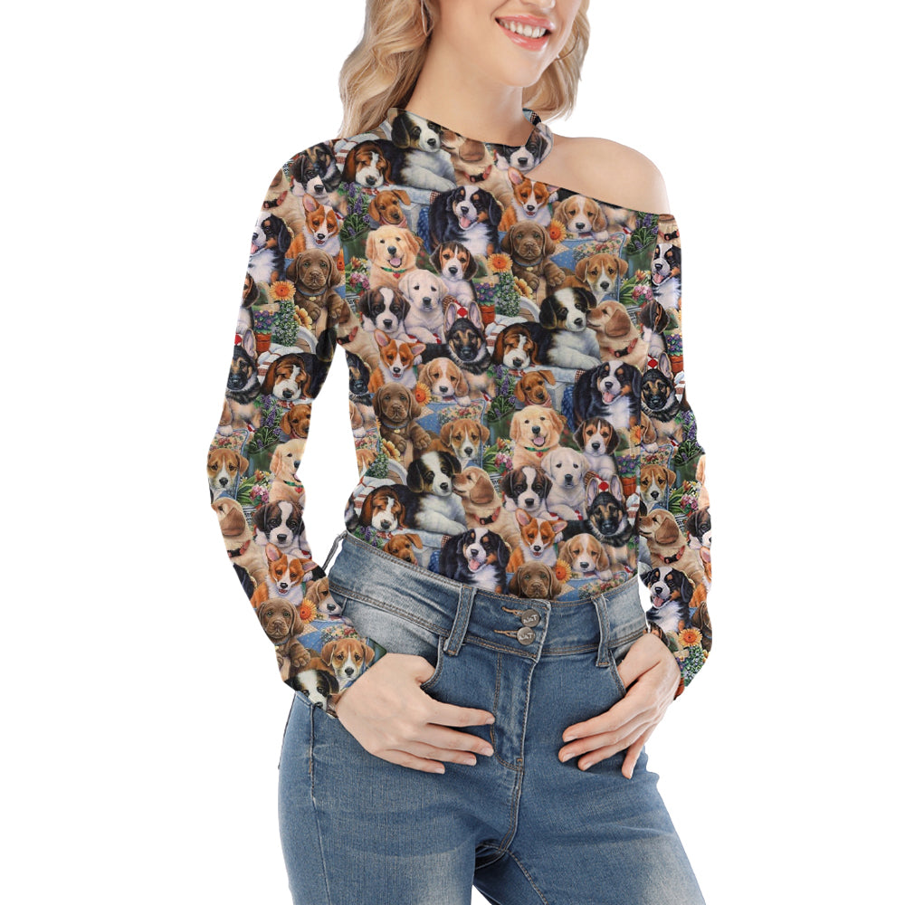 All Over Print Adorable Puppy Off Shoulder Knitted Long Sleeve T-Shirt