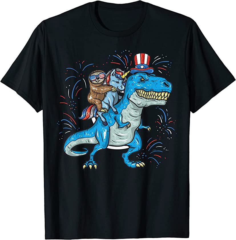 Sloth Unicorn T-Rex Dino Shirt 4th Of July Patriot Animals T-Shirt