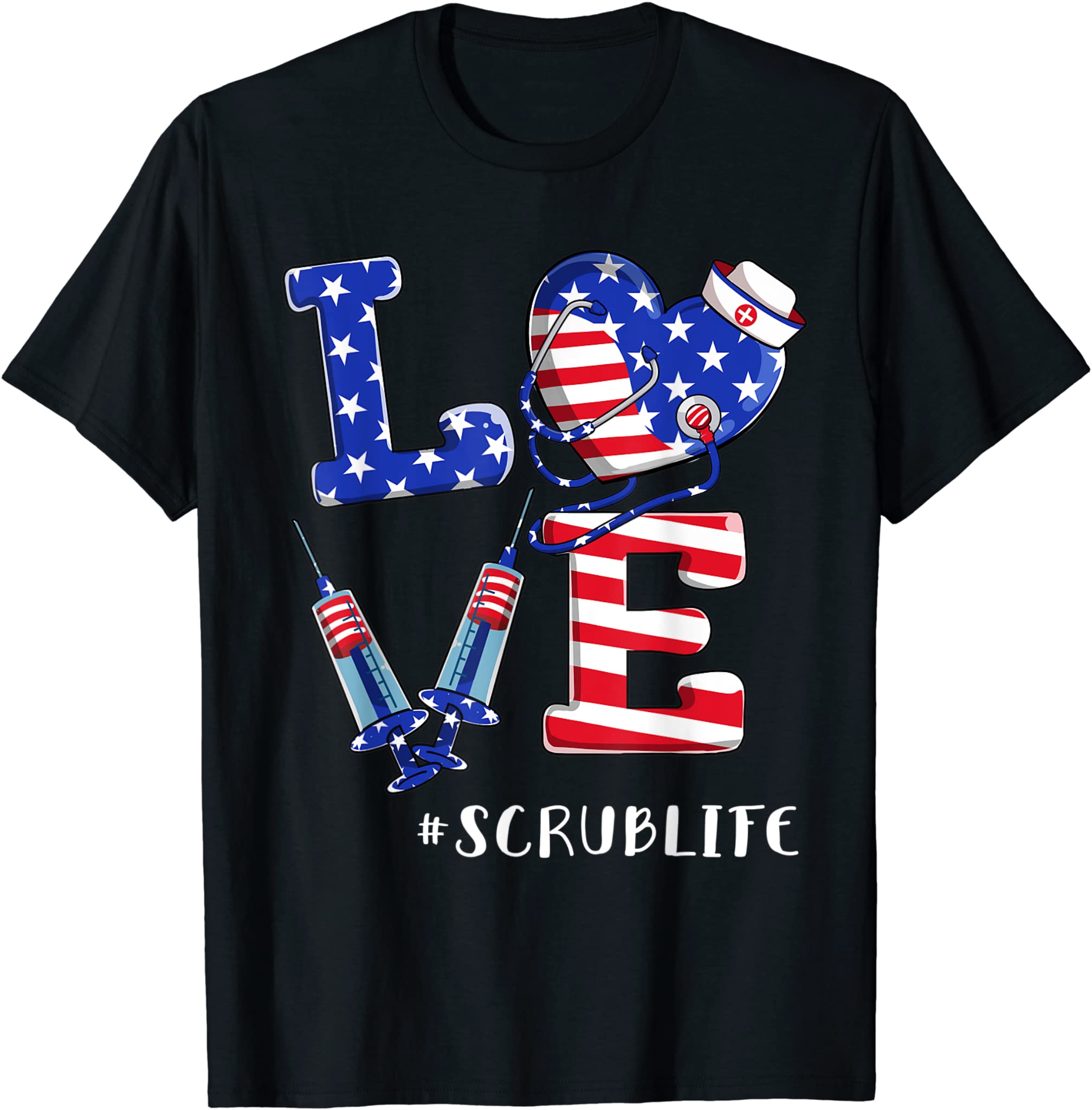 Love Scrub Life Nurse 4th Of July American Flag Patriotic T-Shirt