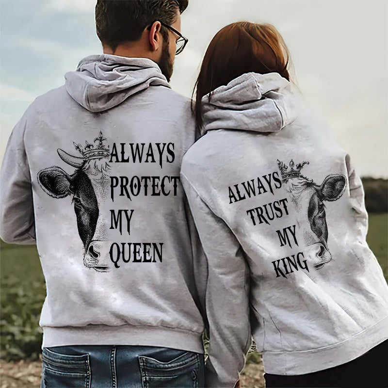 Always Protect My Queen Always Trust My King Hoodie,  Cow Couple Hoodie, Cow King Queen Hoodie, Unisex Sweater, Sweatshirt