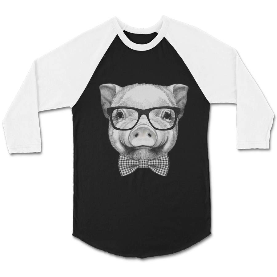 Piggy Pig with Glasses Hand Drawn Vintage Art Gift CPY Unisex 3/4 Sleeve Baseball Tee T-Shirt