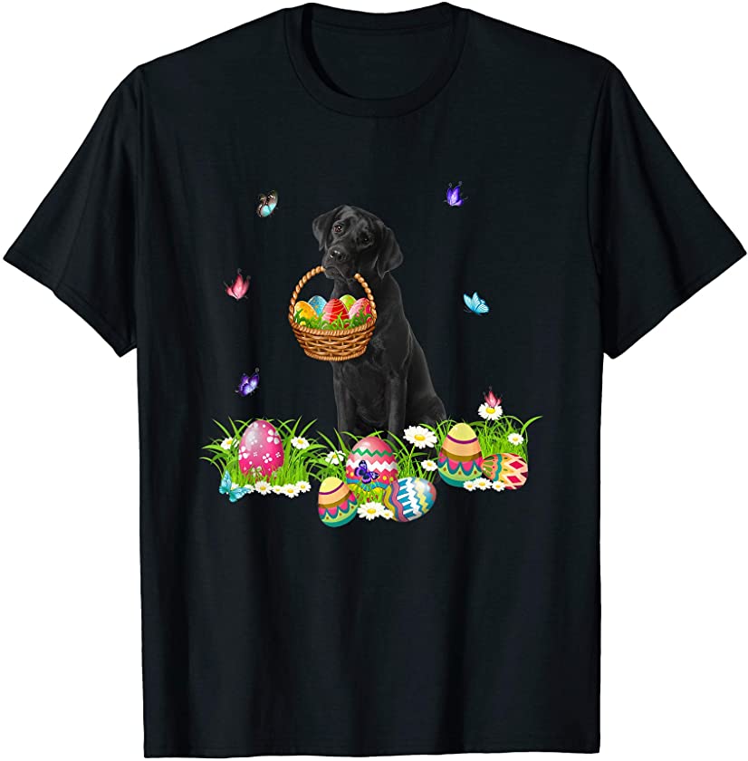 Black Labrador Bunny Dog With Easter Eggs Basket Butterflies T-Shirt