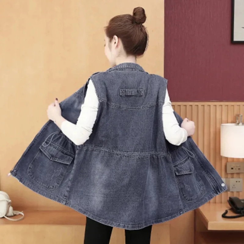 Chic Elastic Sashes Women’s Denim Vest Casual Loose Big Pockets Blue Sleeveless Jacket Plus Size Jean Veste Sans Manche Femme alx