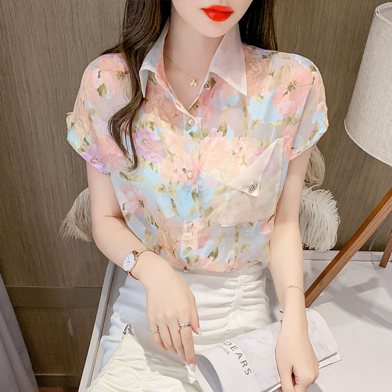 Summer Floral Print Elegant Lapel Chiffon Blouse Korean Fashion Short Sleeve Button Sweet Pullovers Shirt Casual Women’s Clothes alx