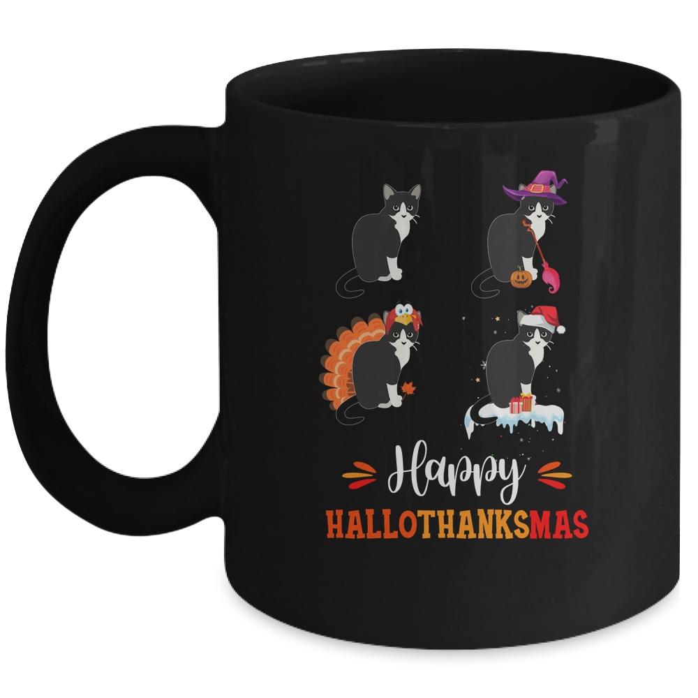 Cat Happy Halloween Thanksgiving Christmas Hallothanksmas Mug