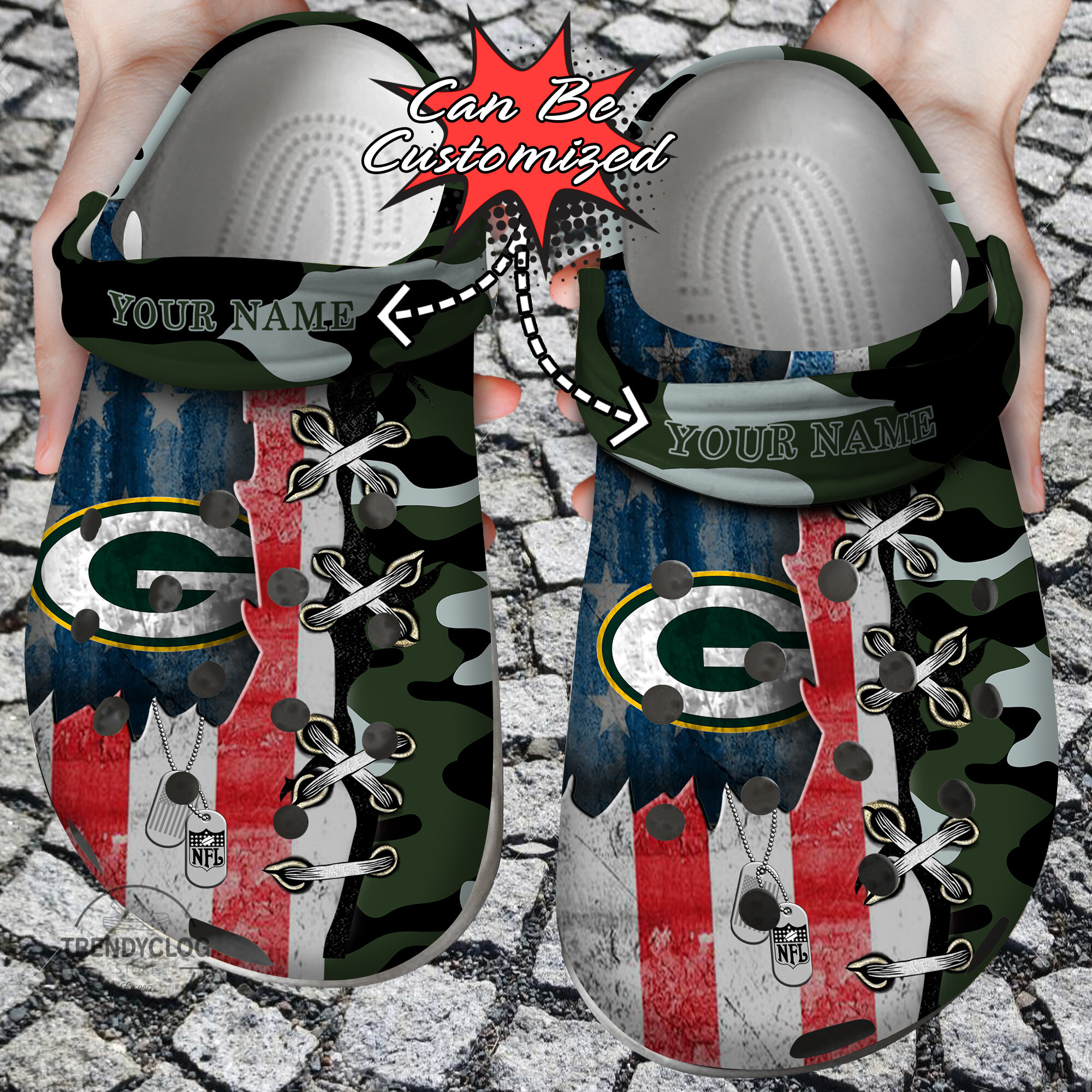 Football Crocs – Personalized Us Flag G.Packers Cross Stitch Camo Pattern Clog Shoes
