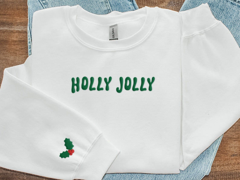 Holly Jolly Christmas Embroidered Sweatshirt 2D Crewneck Sweatshirt All Over Print Sweatshirt For Women Sweatshirt For Men Sws3187