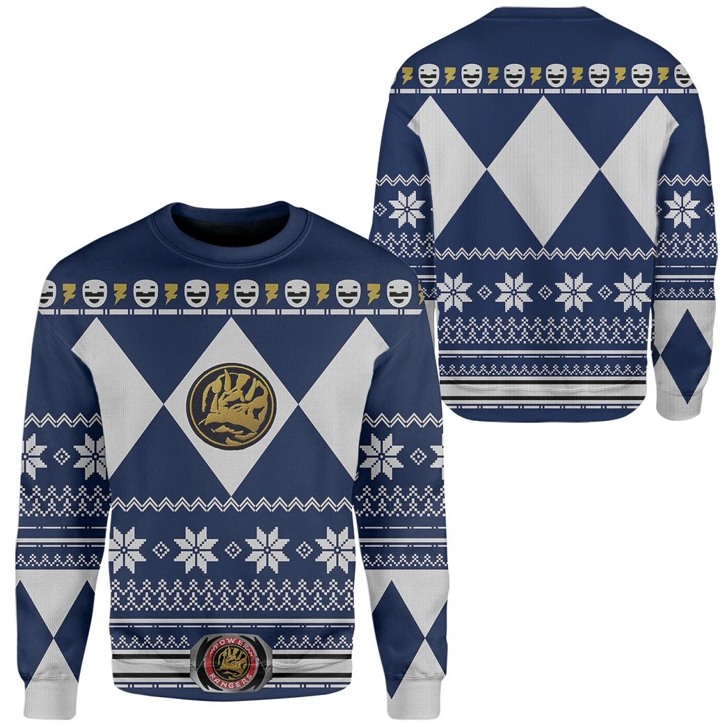 Unifinz Power Rangers Ugly Sweater Mighty Morphin Blue Power Rangers Sweater 2022