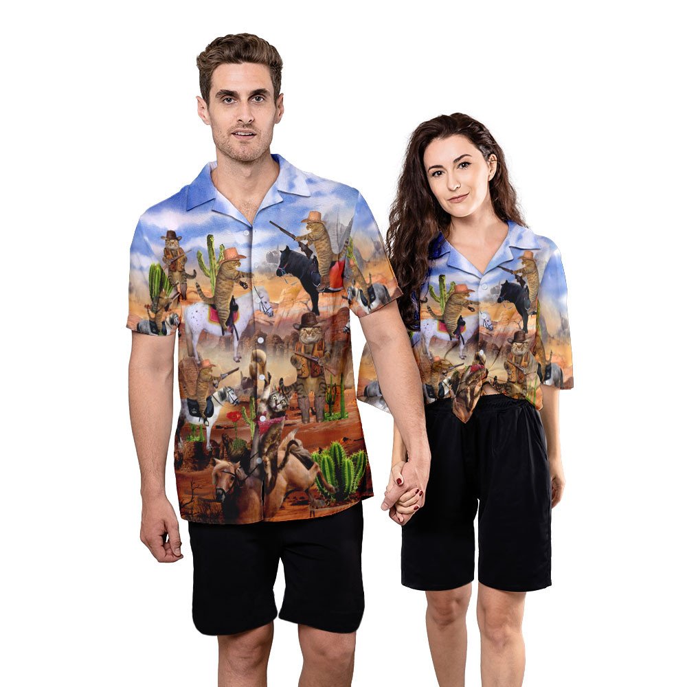 Matching Couple – Meowdy Cowboy Cat Unisex Hawaiian Shirt