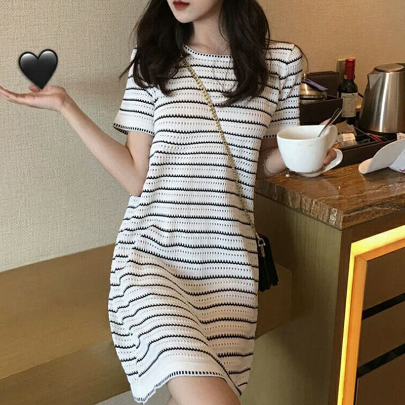 Summer Korean Hollow Out Stripe Aesthetic Casual Dress Women Short Sleeve Sweat Chic Vestidos De Fiesta Sexy Kawaii Robe Femme alx