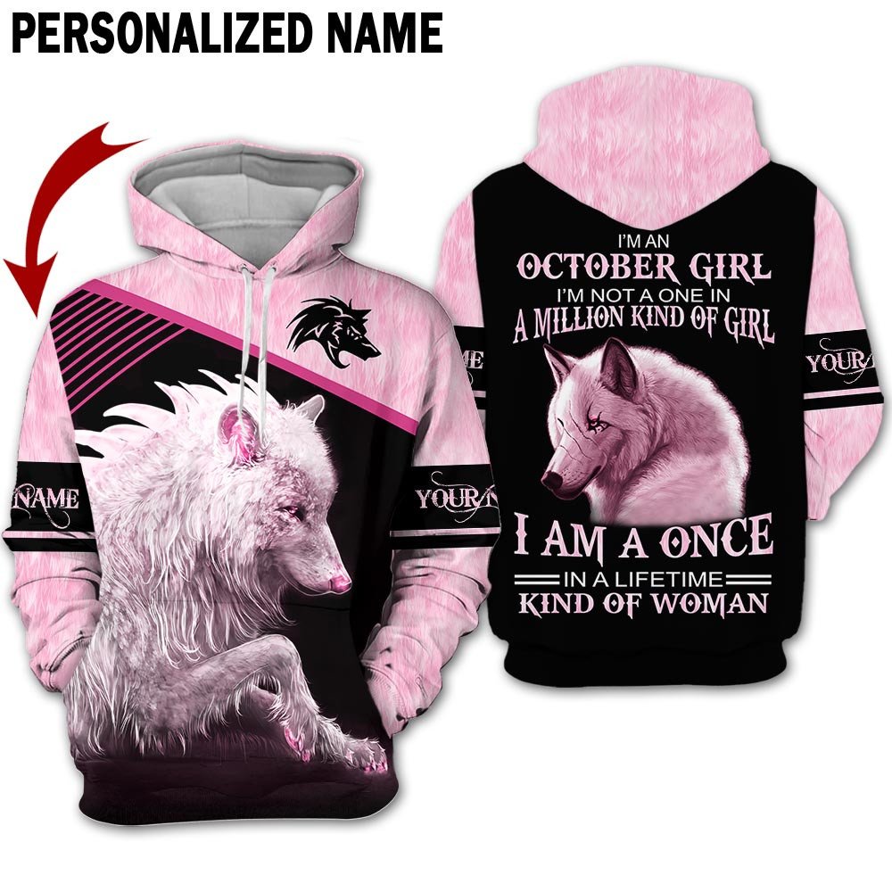 Presonalized Name Birthday Outfit October Girl 3D All Over Printed Wolf Pink Birthday Shirt